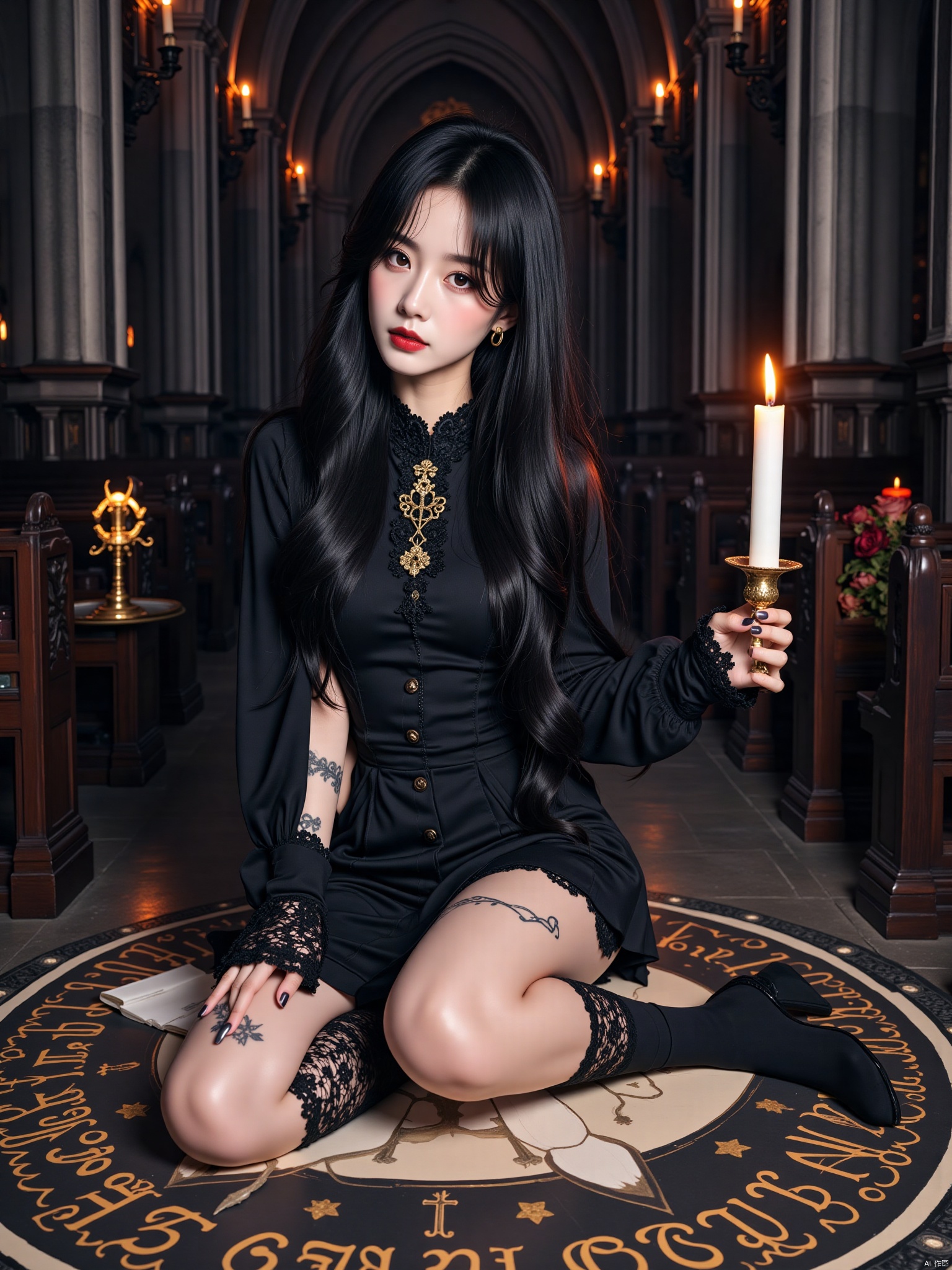 1girl, candle, kneeling, solo, pentagram, black hair, church, looking at viewer, lace trim, magic circle, cross, black nails, dress, red lips, long hair, black dress, lace-trimmed legwear, jewelry, lace, ring, indoors, book, tattoo, lips, candlestand, nail polish