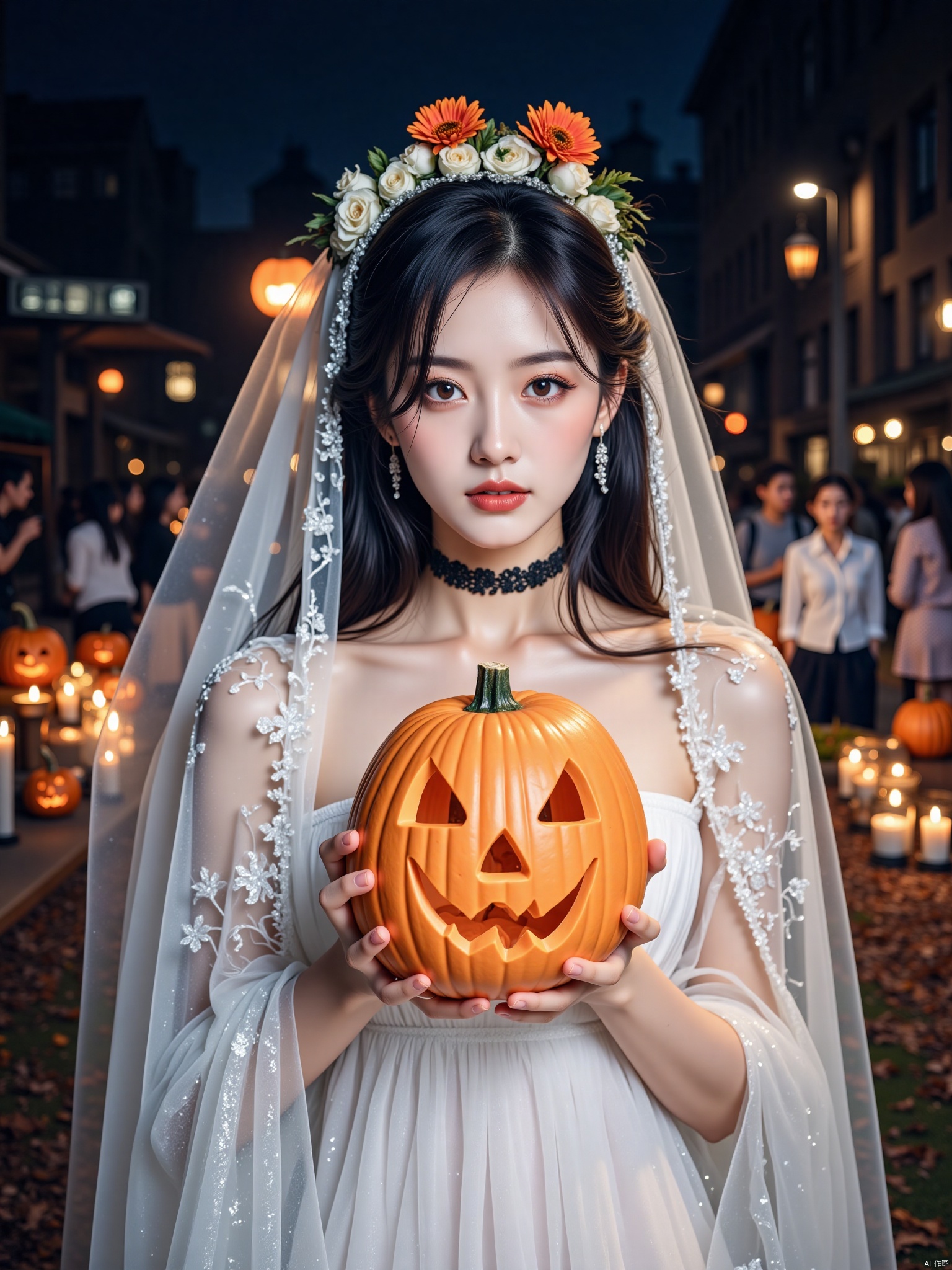 dress, veil, black hair, jack-o'-lantern, choker, halloween, solo focus, 1girl, night, looking at viewer, long hair, blurry, pumpkin, white dress, outdoors, lips, multiple girls