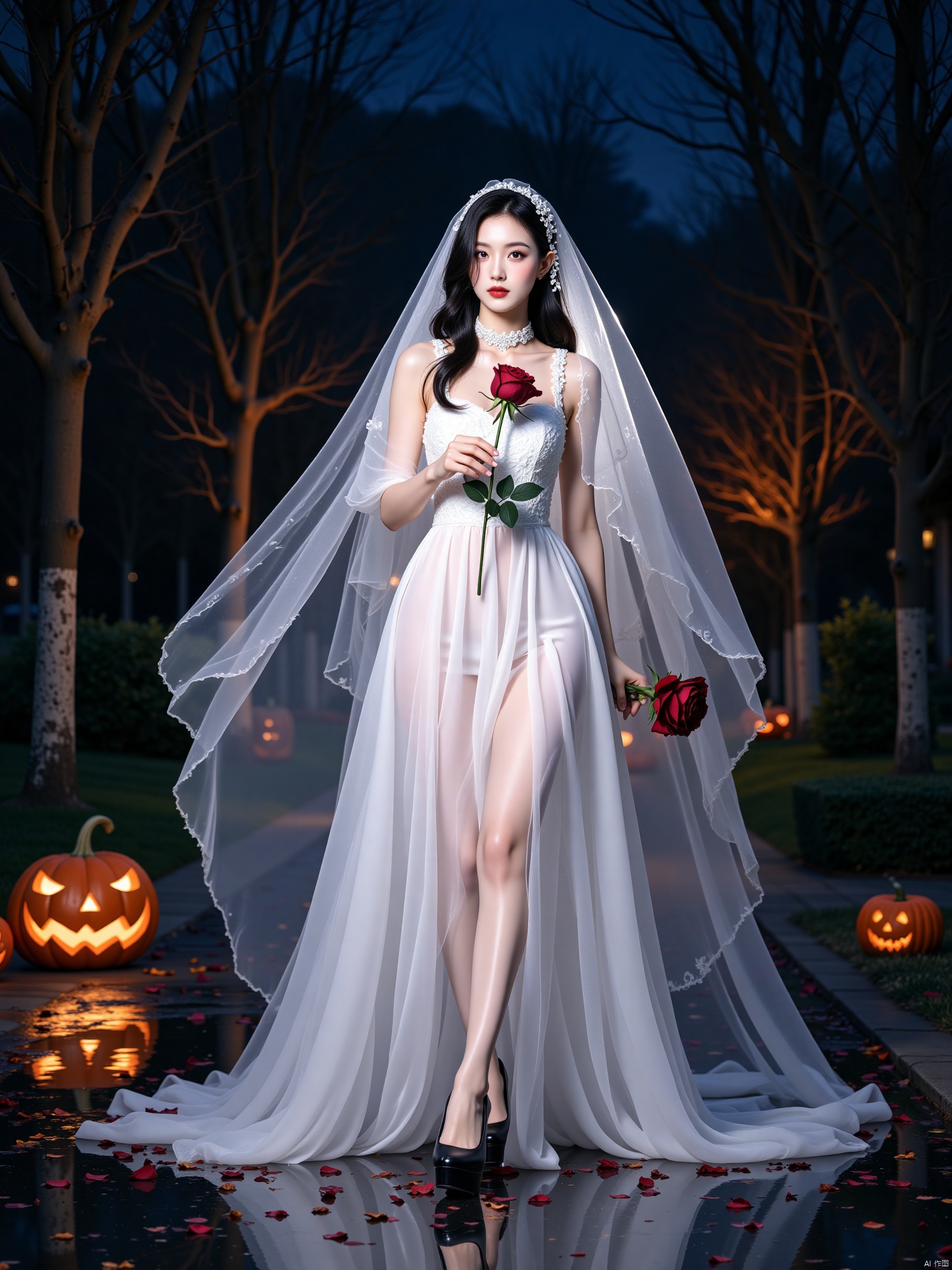 1girl, flower, solo, dress, holding, bouquet, long hair, black hair, looking at viewer, night, see-through, outdoors, reflection, black footwear, white dress, standing, jack-o'-lantern, wedding dress, rose, holding bouquet, blurry, full body, blurry background, water, shoes, tree, veil, walking, petals, reflective water, realistic, choker, halloween, white choker, lips, pumpkin, jewelry, red lips, bridal veil