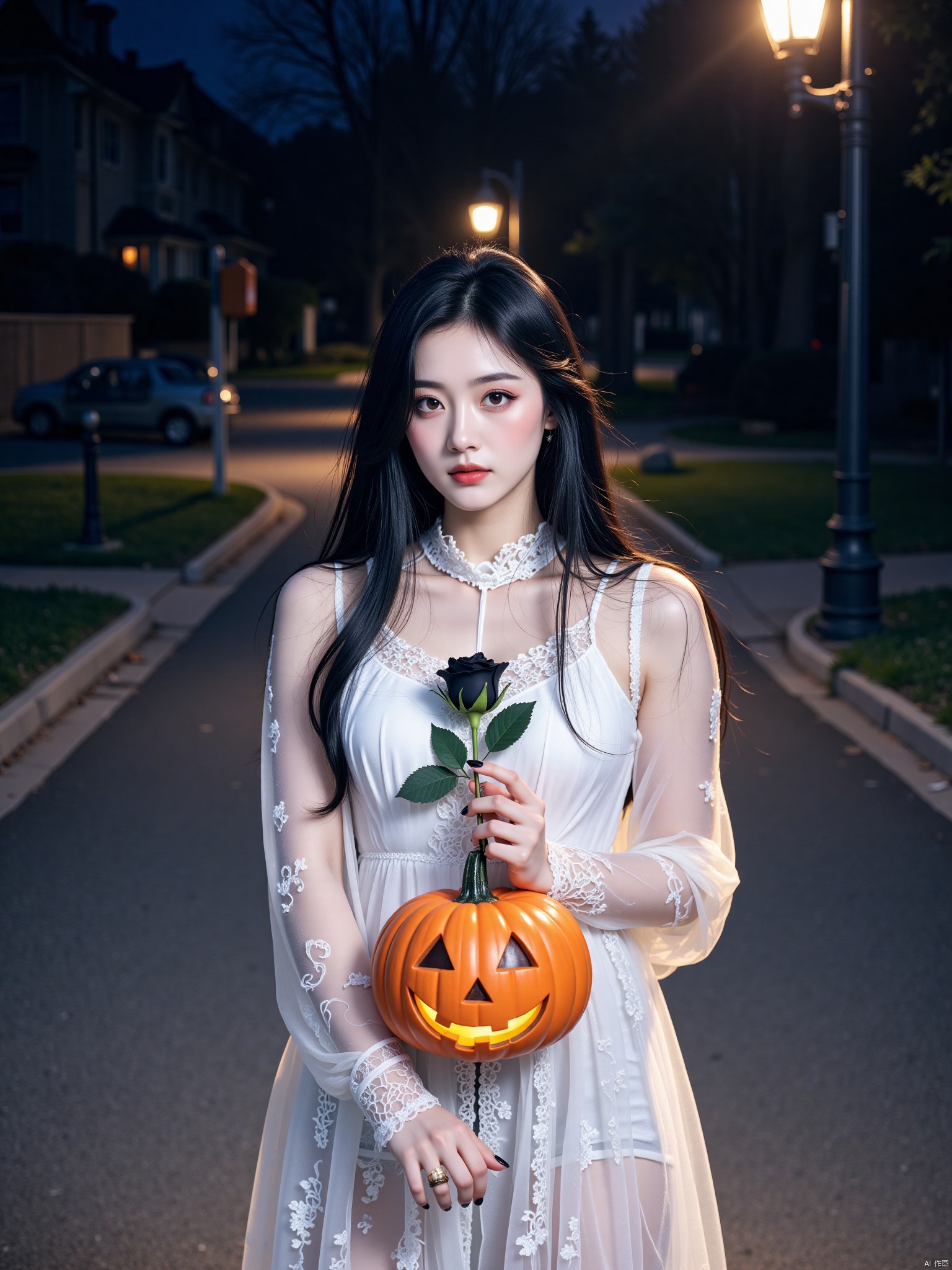 1girl, flower, black hair, dress, holding, rose, long hair, white dress, solo, lamppost, night, looking at viewer, jack-o'-lantern, holding flower, black rose, outdoors, pavement, black flower, standing, black eyes, pumpkin, street, see-through, halloween, black nails, lips, blurry, see-through sleeves, long sleeves, road
