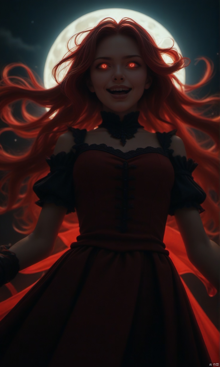score_9,score_8_up,score_7_up,
1girl, overlord \(maruyama\), shalltear bloodfallen, original, floating hair, dress, gesugao, from below, looking down, glowing eyes, red eyes, backlighting, night, dark, moon, blood, fangs, red theme, perspective,