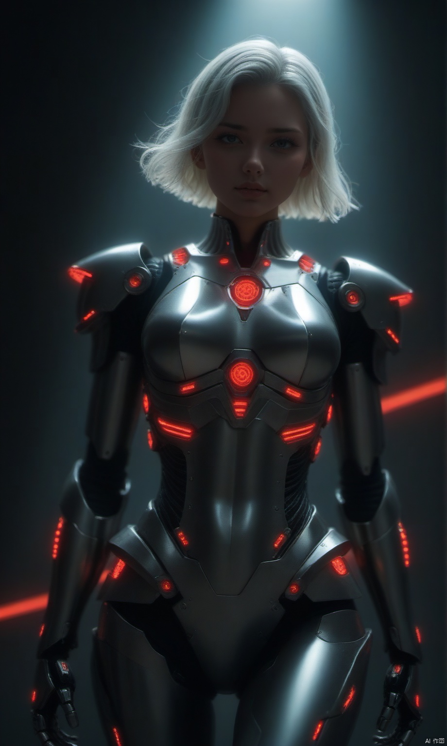 (in Otomo Katsuhiro style:1.2), masterpiece, high-quality, A cybernetic woman in sleek red and black armor, her short white hair contrasting sharply with her intense gaze, Her armor is streamlined with metallic accents and a translucent larger image of herself looms behind as if showing her inner power, (Style is Sci-fi manga with strong line art:1.1), neon reflections, minimalistic composition, (elaborate fine details:1.1), (hyperdetailed:1.1), (intricate details:1.0), (Refined details:1.1), (best quality:1.1), (high resolution:1.2),   