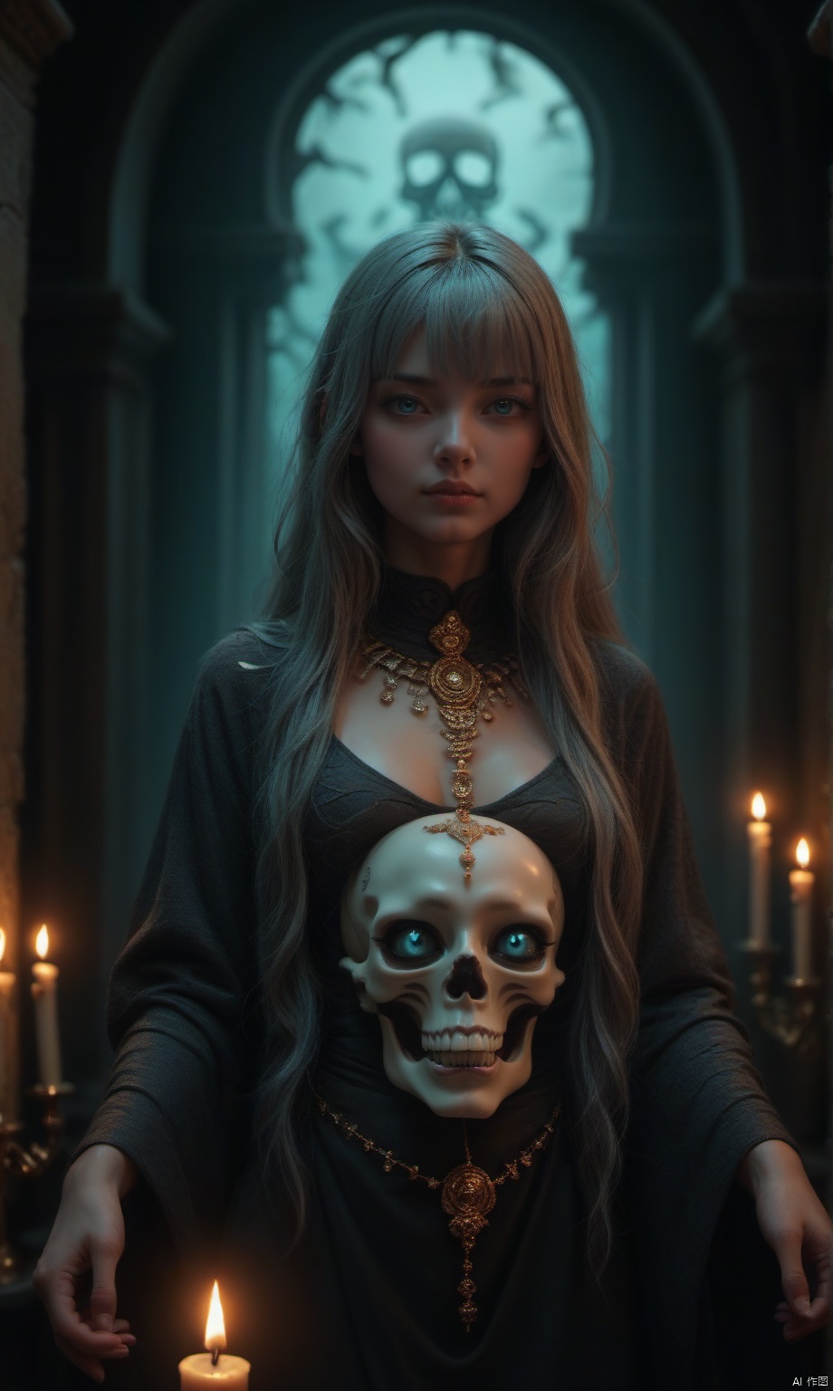 score_9,score_8_up,score_7_up,
a dim scene,the walls of skeletons piled up,girl wearing black gauze,gold jewelry,turquoise eyes,gray long hair,air bangs,candlelight,