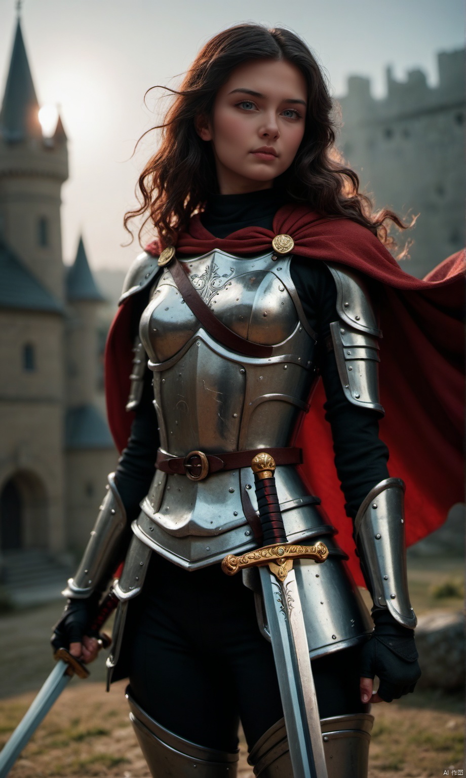 masterpiece, best quality, highres, realistic, best quality,
score_9, score_8_up, score_7_up, 
BREAK,
1 girl, (wearing leather armour:1.2), knight, ((holding long sword:1.4)),
BREAK,
1 girl, castle, battlefield, ((wearing leather armour, warrior princess, stand with a sword, fighting pose, ripped leather)), 19 years old, long hair, windswept cape, brown wavy hair, middle breasts, slim waist, curvy body, cute, (long sword, small breasts), close-up, amazing, very aesthetic, pretty girl, determined, 
BREAK,
(boob focus, head and shoulder photography:1.1), (portrait photography:0.7), dark background, dark light, shallow depth of field, photographed on a Sony a9 II, 50mm wide angle lens, sharp focus, photo in phst artstyle, boris vallejo inspired, backlit, (((selective color red, colorvsgrey, monochrome photography, red cape, selectiveColorStyle))), (1colorpop, dramatic lighting), horror theme, freckles, mole, dirty skin,