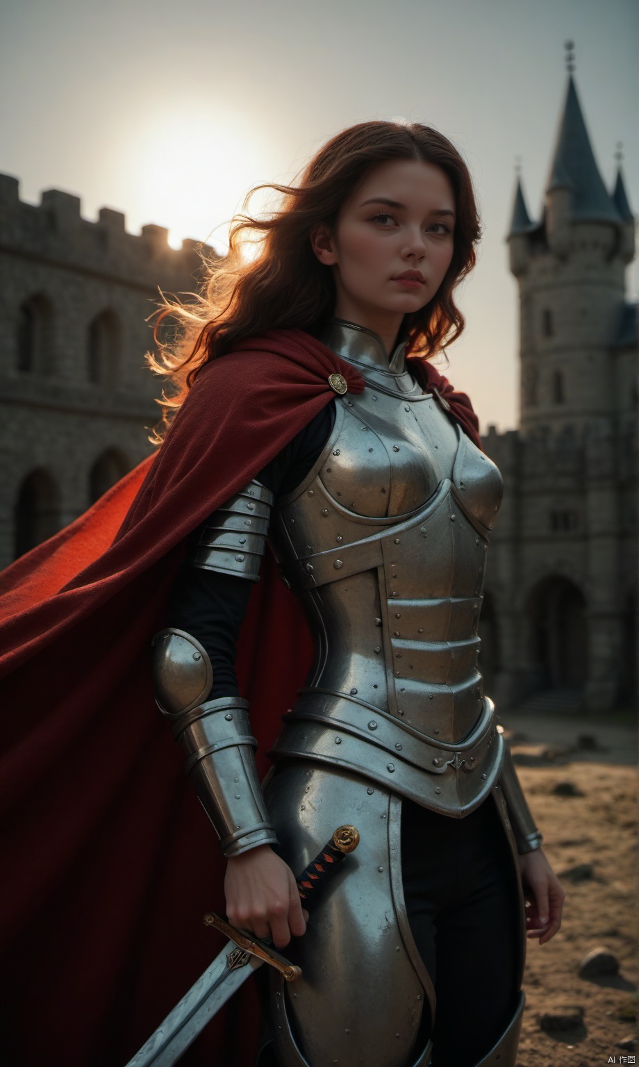 masterpiece, best quality, highres, realistic, best quality,
score_9, score_8_up, score_7_up, 
BREAK,
1 girl, (wearing leather armour:1.2), knight, ((holding long sword:1.4)),
BREAK,
1 girl, castle, battlefield, ((wearing leather armour, warrior princess, stand with a sword, fighting pose, ripped leather)), 19 years old, long hair, windswept cape, brown wavy hair, middle breasts, slim waist, curvy body, cute, (long sword, small breasts), close-up, amazing, very aesthetic, pretty girl, determined, 
BREAK,
(boob focus, head and shoulder photography:1.1), (portrait photography:0.7), dark background, dark light, shallow depth of field, photographed on a Sony a9 II, 50mm wide angle lens, sharp focus, photo in phst artstyle, boris vallejo inspired, backlit, (((selective color red, colorvsgrey, monochrome photography, red cape, selectiveColorStyle))), (1colorpop, dramatic lighting), horror theme, freckles, mole, dirty skin,