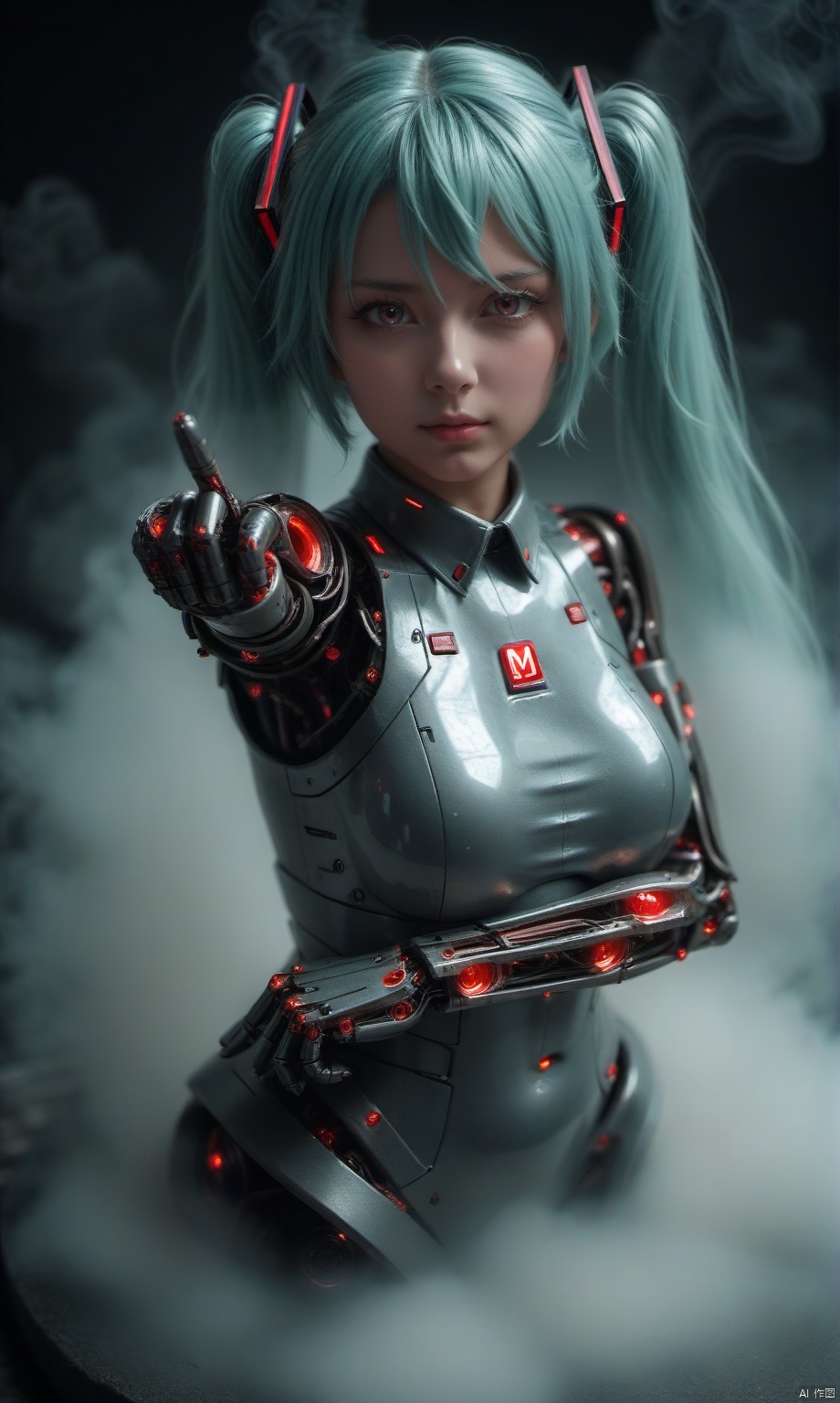 best_quality,masterpiece,(dino_(dinoartforame):0.5),(WANKE:0.5),(lam (ramdayo):0.5), 1girl,large_breasts,gray_hair,air_bangs,hanfu,solo,ink style,rich color,several cold-toned pigments are mixed together and sprayed on the girl's clothes,the whole body emits black smoke and mist,smoke and mist form a beautiful mixture around the body,wink,open 1 eyes,red eyes,longeyelashes,black eye shadow,hair with a faint purple glow,hatsune miku,semi-mechanical,transparent skin,blood vessel,mechanical structure,complex mechanical structure,taut clothes,mechanical arm,metallic luster,very realistic metallic texture,very perfect metal materia,looking at you,annoyed,from above,pointing at you,
