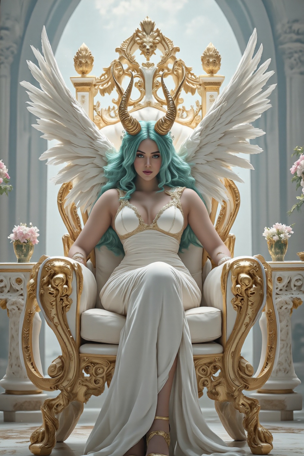 Image Tags A stunning high-detail digital painting of a regal ethereal woman with teal hair and golden horns seated on a l...