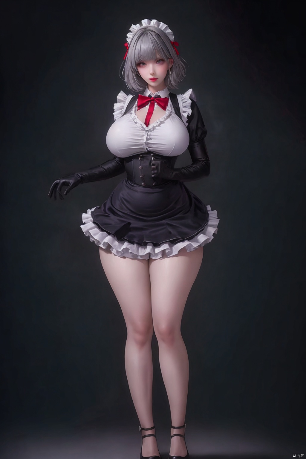 1girl solo breasts looking at viewer short hair bangs large breasts simple background gloves dress standing full body grey hair frills apron maid maid headdress black background