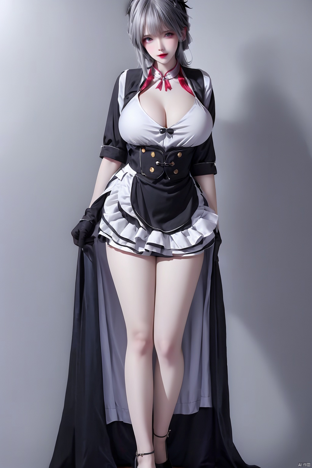1girl solo breasts looking at viewer short hair bangs large breasts simple background gloves dress standing full body grey hair frills apron maid maid headdress black background