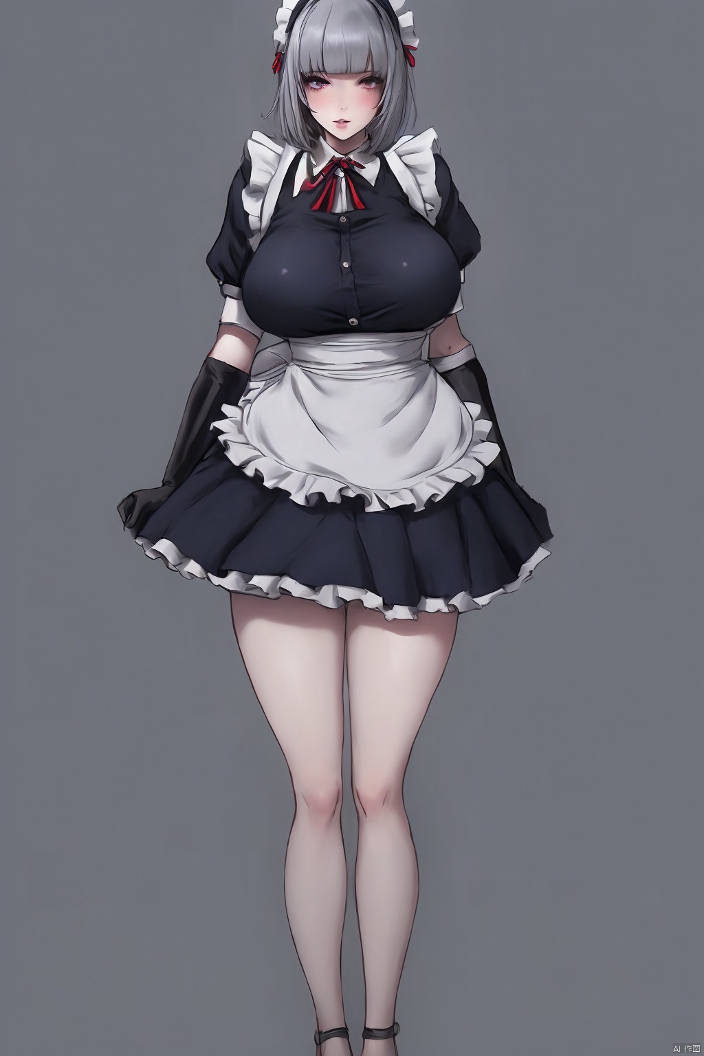 1girl solo breasts looking at viewer short hair bangs large breasts simple background gloves dress standing full body grey hair frills apron maid maid headdress black background