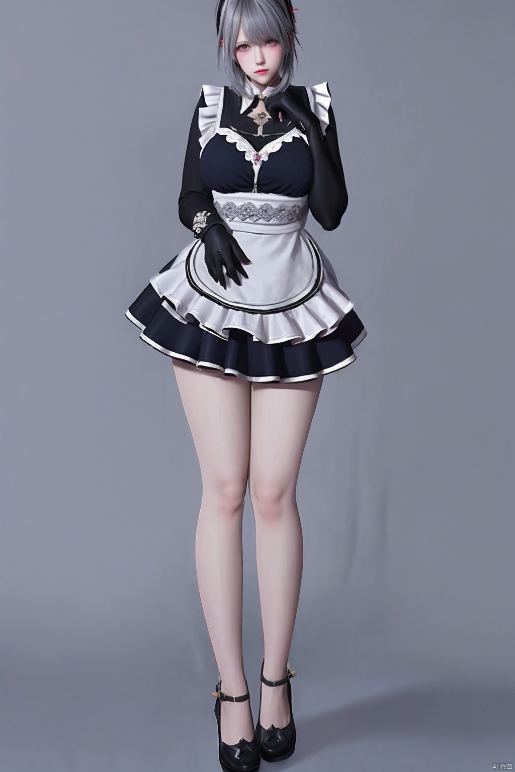1girl solo breasts looking at viewer short hair bangs large breasts simple background gloves dress standing full body grey hair frills apron maid maid headdress black background