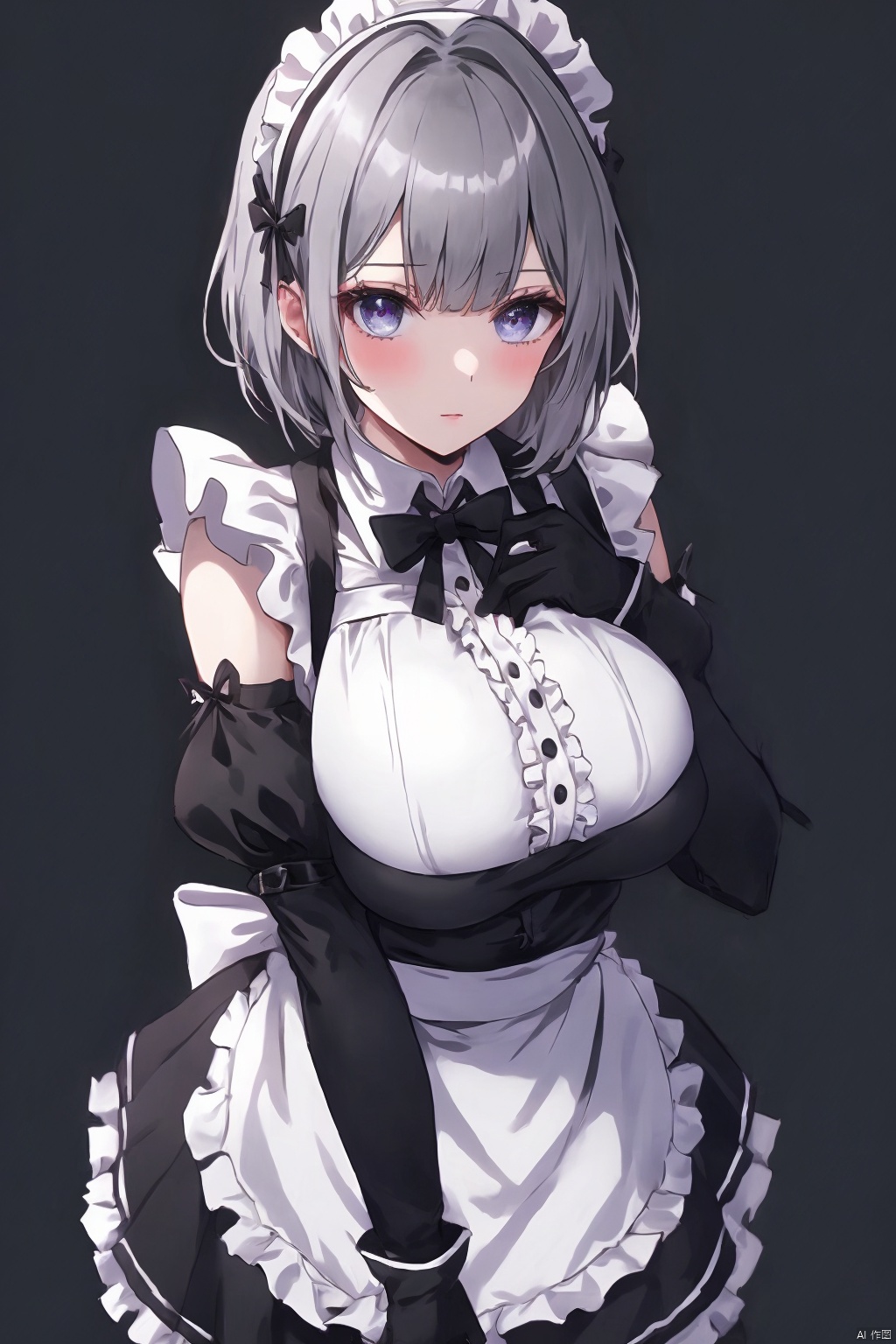 1girl solo breasts looking at viewer short hair bangs large breasts simple background gloves dress standing full body grey hair frills apron maid maid headdress black background