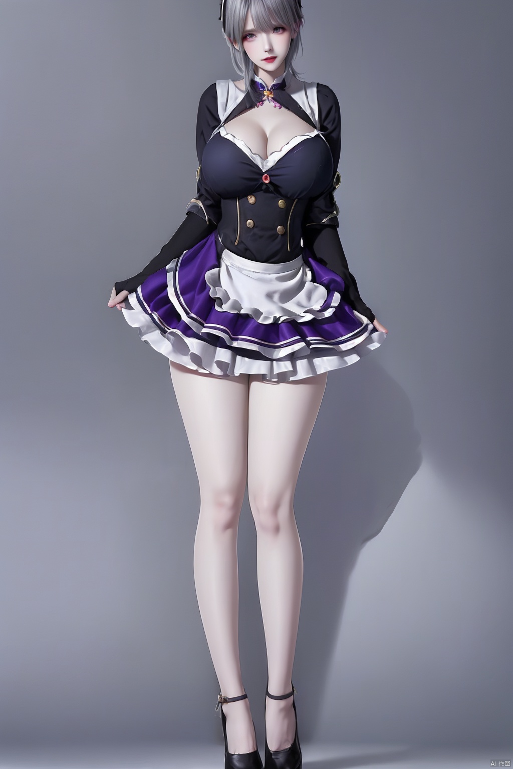 1girl solo breasts looking at viewer short hair bangs large breasts simple background gloves dress standing full body grey hair frills apron maid maid headdress black background
