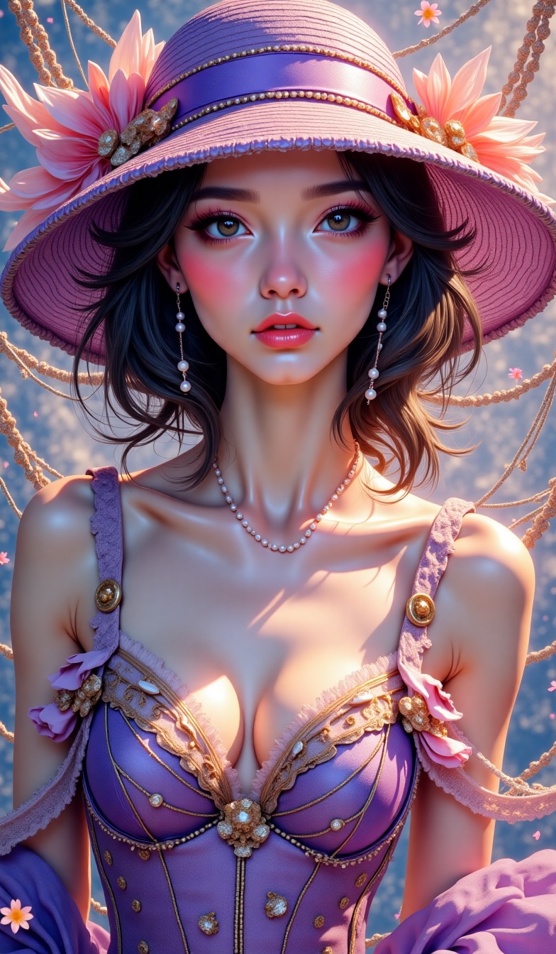 Drawing in the style of cel animation. Mysterious and beautiful stranger,  sophisticated layered light dress with pearls,...