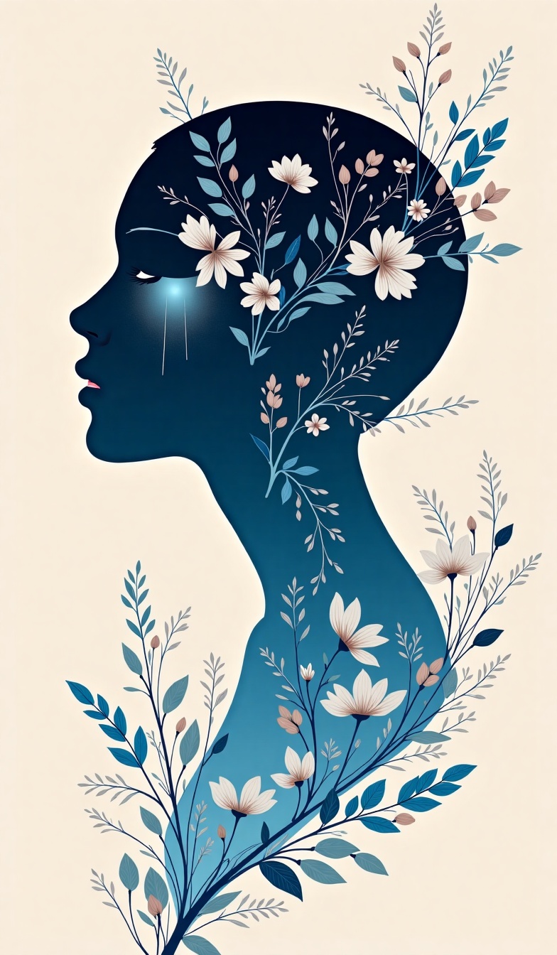 Create a design that captures the essence of sadness through the silhouette of a woman shedding light blue tears. It shoul...