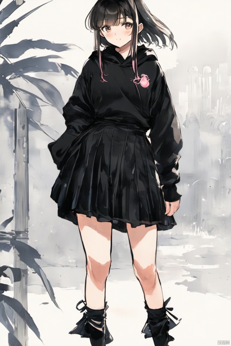 1girl, solo, looking at viewer, blush, bangs, skirt, simple background, socks, black hoodie, loose socks,loli