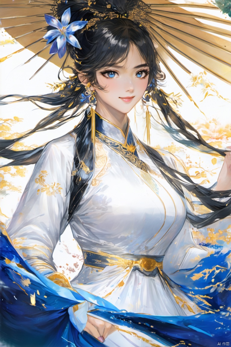 1girl, umbrella, hair ornament, flower, black hair, jewelry, solo, upper body, dress, long hair, earrings, white dress, holding umbrella, blue eyes, holding, chinese clothes, hair bun, hair flower