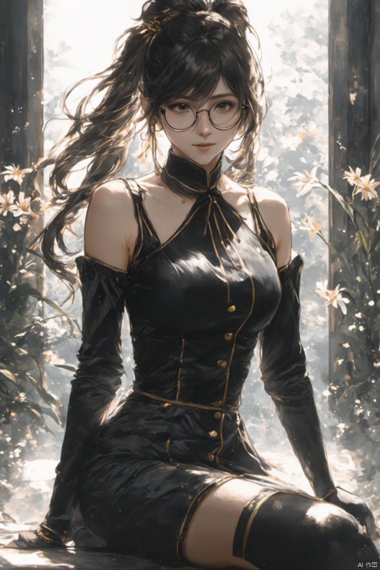 (Masterpiece: 1.2), best quality, high resolution, uniform 8k wallpaper, perfect lighting, very detailed CG, fine Detail, Very detailed, soft lighting and Shadows, soft and striking lighting, Film Texture, (Skin pores: 1.2), (Detailed Skin texture: 1), detailed face, (Perspective: 1.1), Depth of field, (Detailed face: 1.3), 1girl, solo, long hair, looking at viewer, bangs, thighhighs, gloves, dress, bare shoulders, twintails, sitting, glasses, flowers
