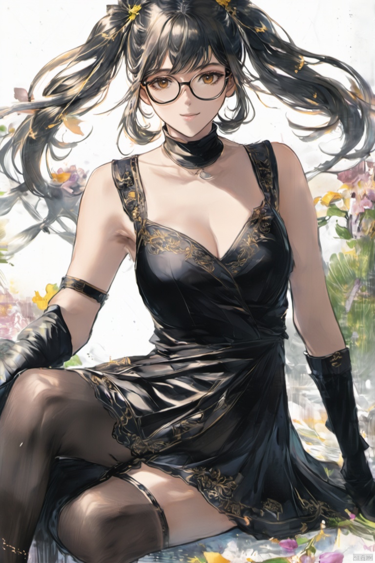 (Detailed face: 1.3), 1girl, solo, long hair, looking at viewer, bangs, thighhighs, gloves, dress, bare shoulders, twintails, sitting, glasses, flowers
