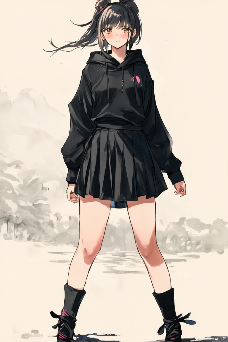 1girl, solo, looking at viewer, blush, bangs, skirt, simple background, socks, black hoodie, loose socks,loli