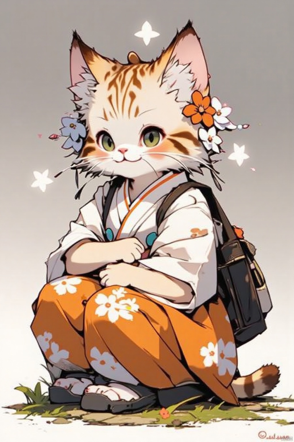 Cute kitten,An animated image of a cat sitting on the ground. The cat is wearing a white and orange outfit with white flowers on it. There is a black bag behind the cat. There are white stars in the sky above the cat's head. The background is a grayish gray color.