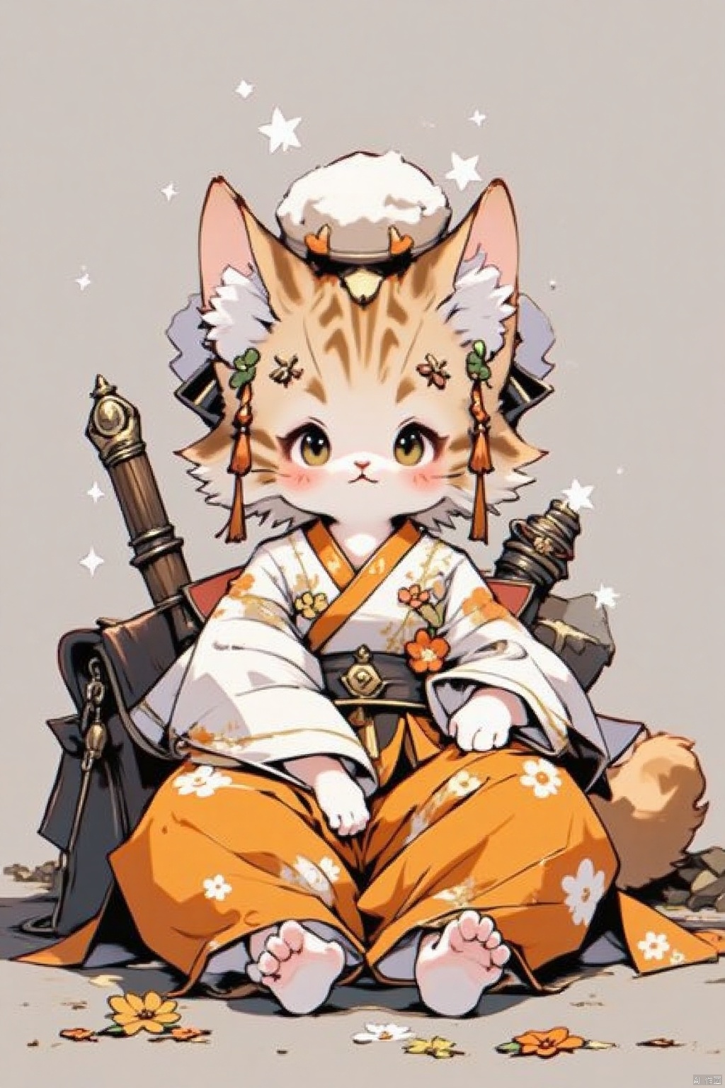 Cute kitten,An animated image of a cat sitting on the ground. The cat is wearing a white and orange outfit with white flowers on it. There is a black bag behind the cat. There are white stars in the sky above the cat's head. The background is a grayish gray color.