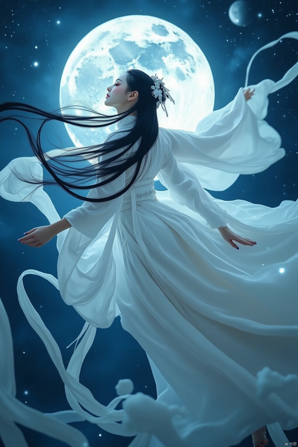 An ancient Chinese woman under the moon,a woman dressed in a white dress,adorned with a white flower headband,is soaring through the air towards the moon. Her long black hair is cascading down her back,adding a touch of beauty to the scene. The moon,a full moon,casts a shadow on the woman's face,adding depth to the composition. The sky