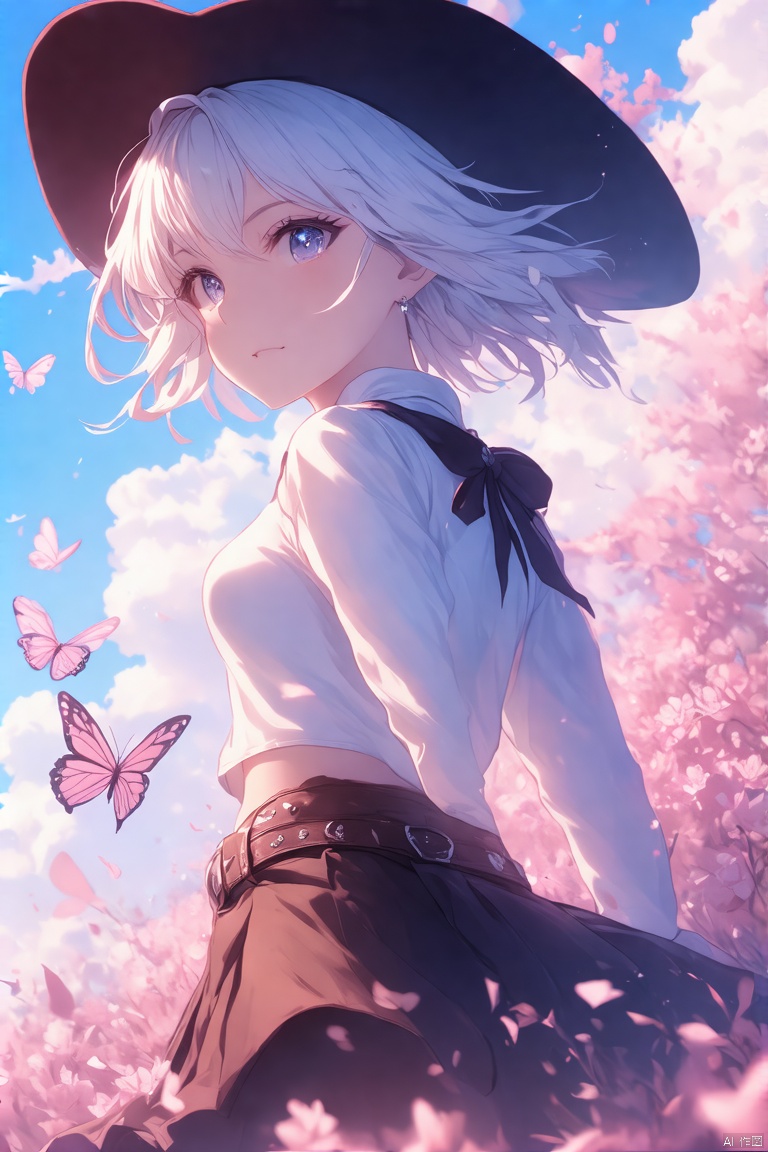 (masterpiece, best quality, ultra-detailed, highres, best illustration),1girl,solo,cowboy shot,looking_at_viewer, side lighting,lustrous skin,(shine),(shiny skin, cetlic elements, norse heritage),ray tracing,wind swept hair,detailed hair,detailed face,depth_of_field,very detailed background,extreme light and shadow,(detailed eyes),perfect anatomy,,dynamic angle,1girl,((sea of pink flowers,with butterflies everywhere.,fluttering butterflies in the sky,colorful auspicious clouds,)), Short top,ultra short skirt ,navel, ani