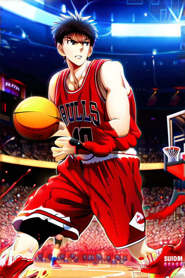 (masterpiece, best quality, ultra-detailed, highres, best illustration:1.4),Sakuragi Hanadao,Slam Dunk,Sweating,On Basketball Court,Blood,Playing Basketball,solo,ani
