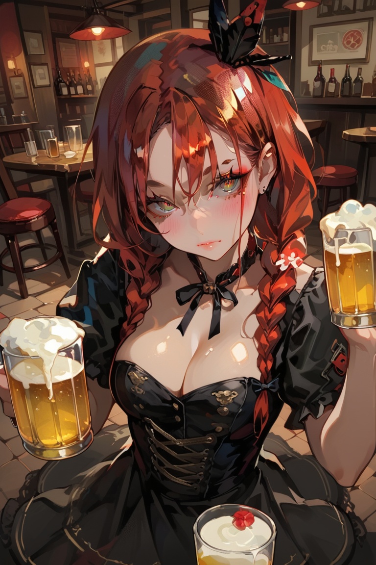 score_9, score_8_up, score_7_up, 1girl, (solo:1.1), from above, tavern wench, standing, bare shoulders, red hair, braids, large breasts, flower hair, barmaid dress, cute, beautiful eyes, blush, fishnets, sexy pose, looking at viewer, indoor, beer mugs, beer foam, designzmix