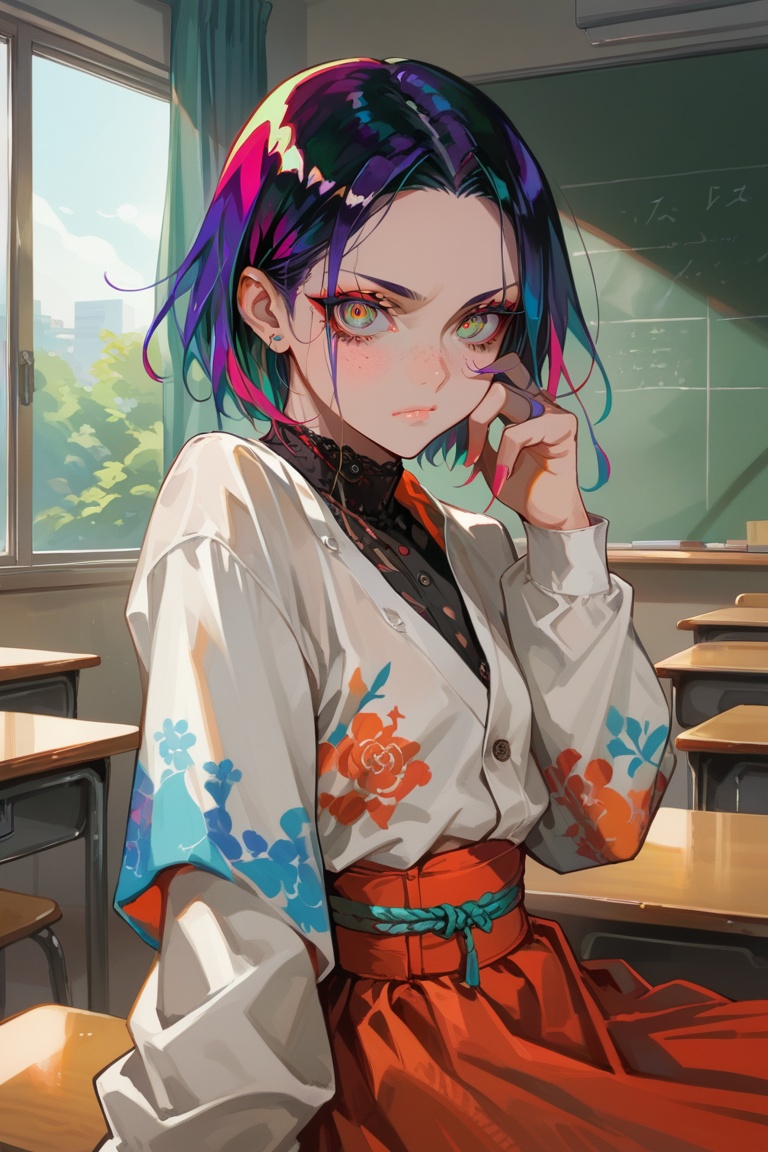 score_9, score_8_up, score_7_up, score_6_up, austr, anime, elsafrank_sd, 1girl, multicolored hair, freckles, dress, sash, sitting, classroom, scowl, looking at viewer, vibrant colors, cel shading, designzmix,source_anime
