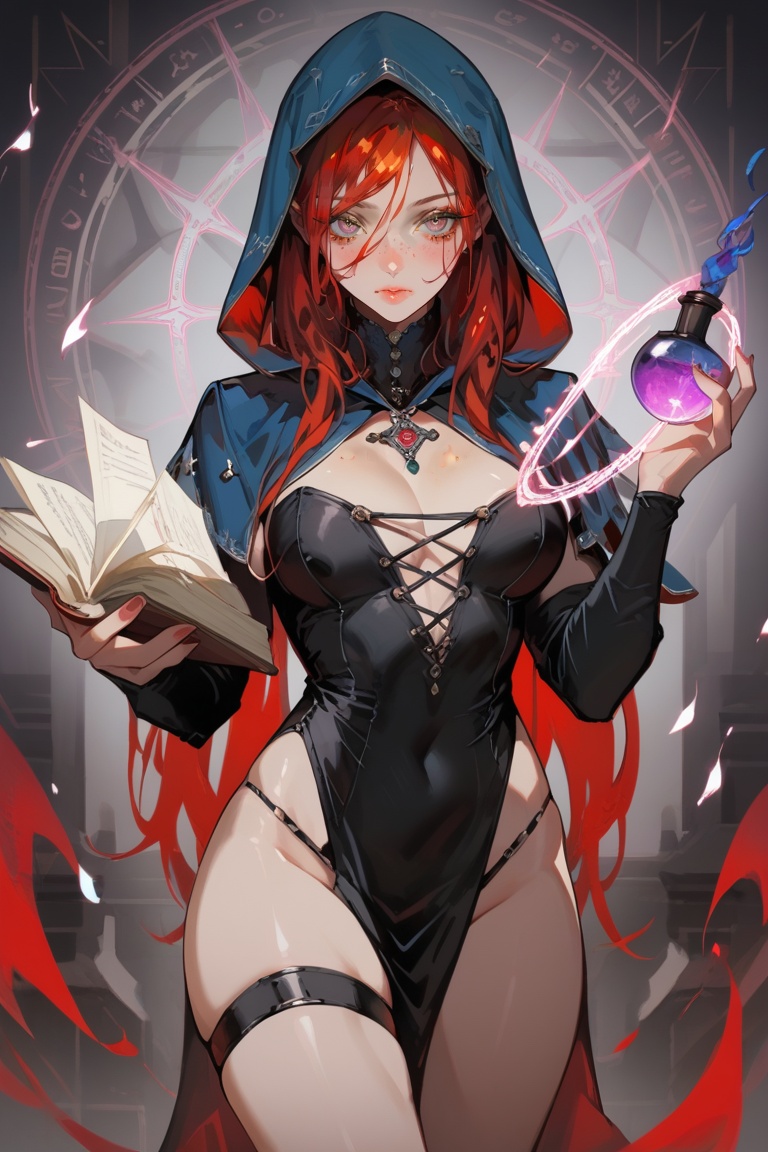 score_9, score_8_up, score_7_up, score_6_up, score_5_up, score_4_up, sorceress, casting thunder magic spells, blue hood, medium breasts, colorful eyes, freckles, red hair, magic circle, thigh strap, petite, 1girl, delicate and smooth skin, blush, perfect body, thighs, large breasts, highly detailed, glossy lips, looking at viewer, tomes in background, magic book, ritual, vials, potion, designzmix,source_anime