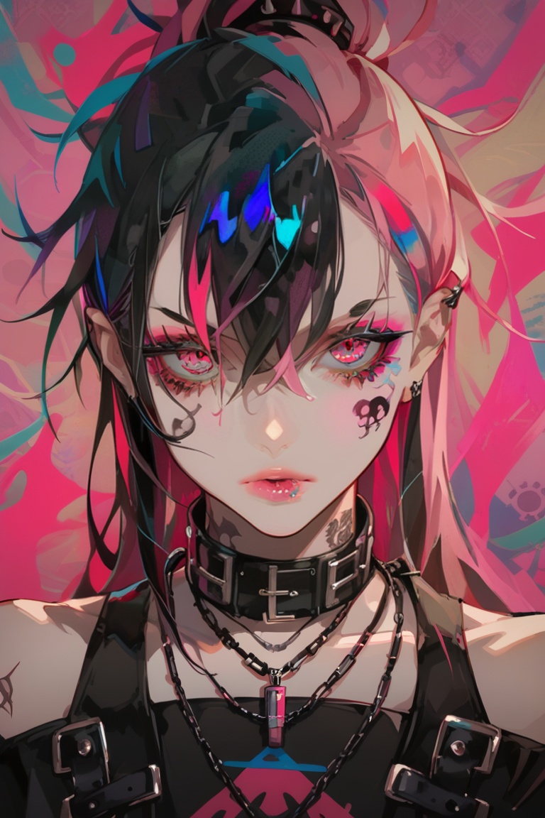 score_9, score_8_up, score_7_up, Goth girl, goth girl 1girl, 1girl,solo,looking at viewer, long hair,hair between the eyes,bare shoulders,jewelry,(black hair, pink hair,multicolored hair,glowing hair), tattoo, sleeveless,pink eyes,necklace,two-tone hair,lips,makeup,dynamic background,portrait,spot color, designzmix,source_anime