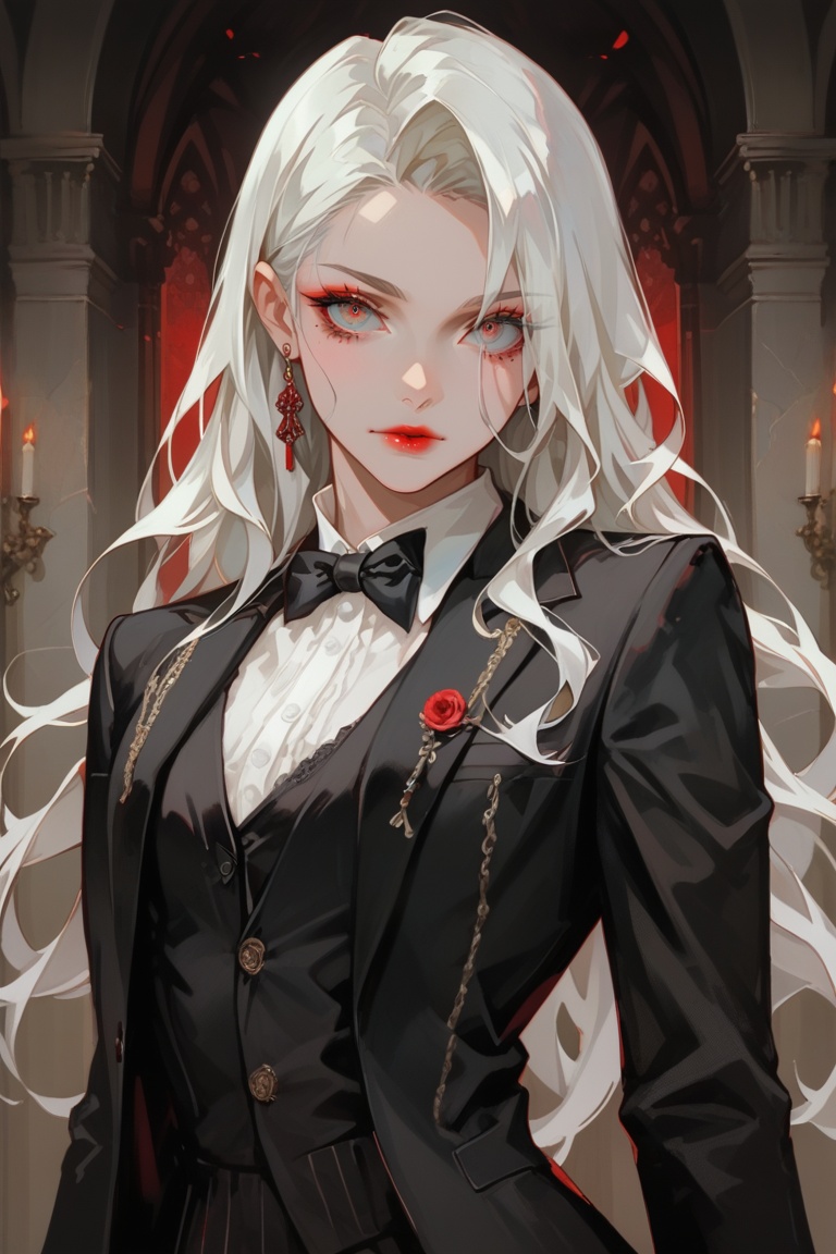 score_9, score_8_up, score_7_up, score_6_up, 1girl, depth of field, raw, focus on her face, intimate shot, looking at viewer, posing, nsfw, young woman, extremely beautiful, narrow waist, super pale skin, ruby red lips, elegant black suit with waistcoat, lace, (white hair:1.1), long hair, designzmix