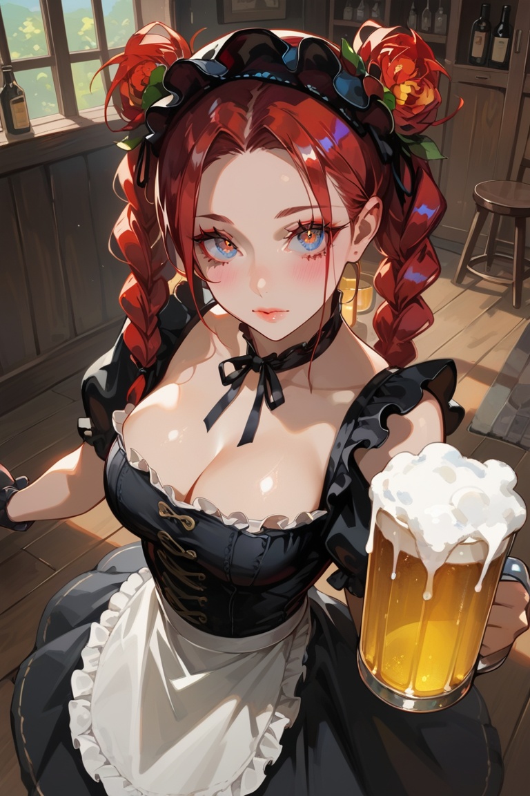 score_9, score_8_up, score_7_up, 1girl, (solo:1.1), from above, tavern wench, standing, bare shoulders, red hair, braids, large breasts, flower hair, barmaid dress, cute, beautiful eyes, blush, fishnets, sexy pose, looking at viewer, indoor, beer mugs, beer foam, designzmix