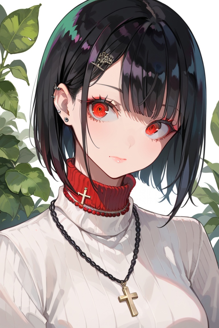 score_9, score_8_up, score_7_up, score_6_up, prsnl3, 1girl, solo, short hair, black hair, jewelry, looking at viewer, necklace, cross, portrait, bangs, red eyes, closed mouth, turtleneck, blurry background, cross necklace, lips, piercing, blurry, bob cut, eyelashes,designzmix,source_anime