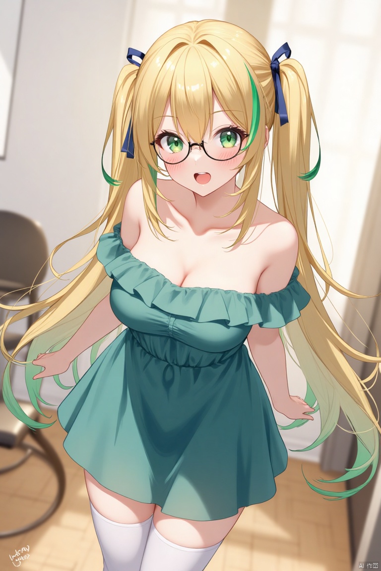 1girl, solo, long hair, breasts, looking at viewer, blush, open mouth, bangs, blonde hair, large breasts, hair ornament, thighhighs, dress, cleavage, hair between eyes, bare shoulders, green eyes, standing, collarbone, ahoge, multicolored hair, green hair, glasses, indoors, virtual youtuber, off shoulder, :o, white thighhighs, two side up, streaked hair, blue dress, chair, green dress, round eyewear