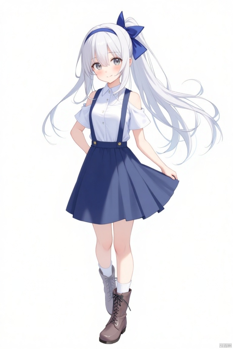 1girl, solo, long hair, looking at viewer, smile, bangs, skirt, simple background, shirt, white background, dress, bow, ribbon, hair between eyes, bare shoulders, very long hair, full body, hair ribbon, white shirt, ponytail, white hair, short sleeves, hairband, boots, shoes, socks, off shoulder, blue skirt, grey eyes, floating hair, blue bow, suspenders, white socks, ankle boots