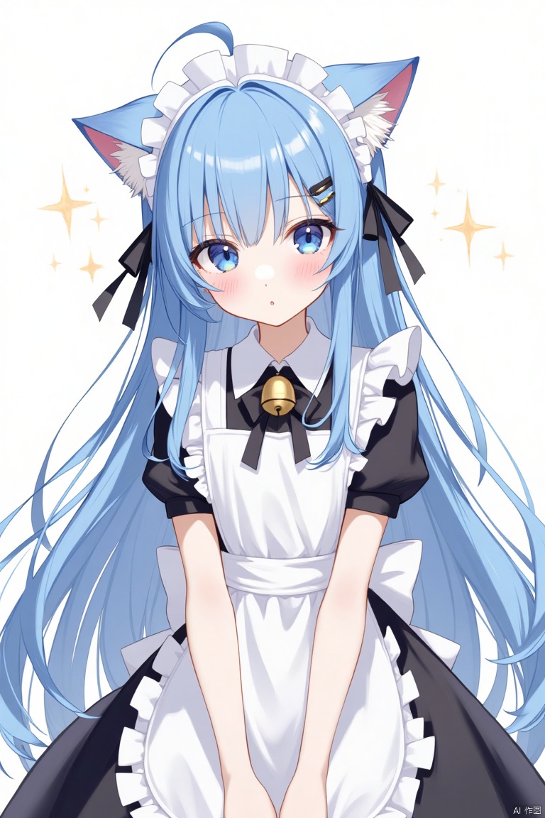 1girl, solo, long hair, looking at viewer, blush, bangs, blue eyes, simple background, hair ornament, white background, dress, bow, ribbon, animal ears, closed mouth, blue hair, frills, hairclip, cat ears, apron, black dress, collar, maid, maid headdress, sparkle, bell, detached collar, white apron, jingle bell, neck bell, maid apron, white collar,Masterpiece,Best quality,Extremely detailed