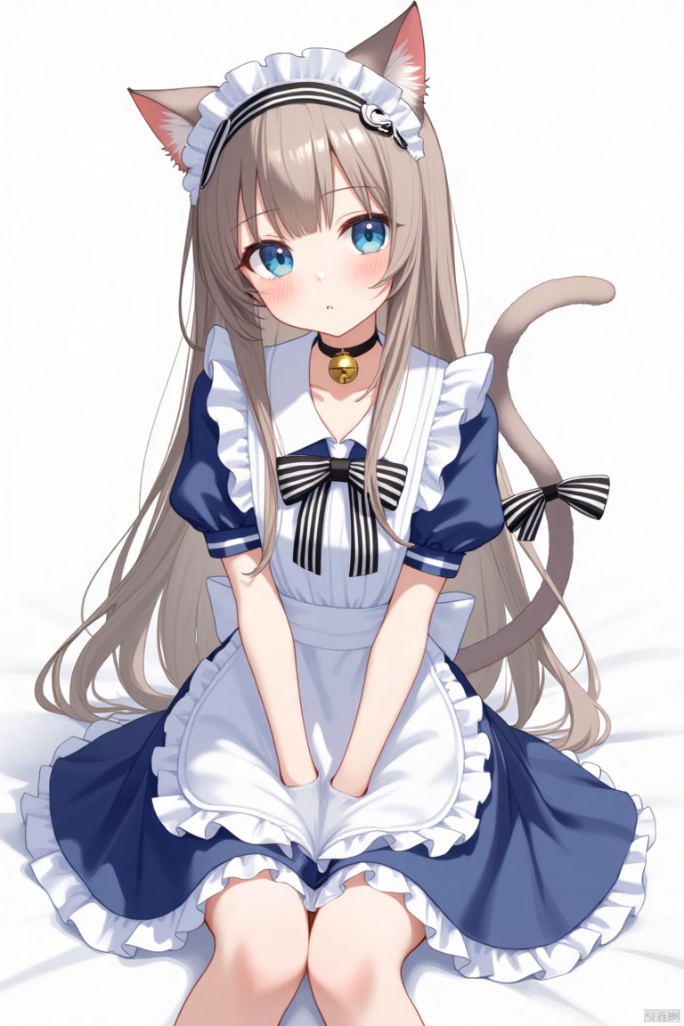 1girl, solo, long hair, looking at viewer, blush, bangs, blue eyes, brown hair, dress, bow, animal ears, sitting, very long hair, collarbone, tail, short sleeves, grey hair, hairband, frills, parted lips, choker, striped, puffy sleeves, cat ears, :o, apron, collar, puffy short sleeves, cat tail, maid, maid headdress, bell, black bow, blue dress, black choker, frilled dress, cat girl, waist apron, white apron, jingle bell, neck bell, frilled apron, striped bow, tail ornament, tail raised, tail bow
