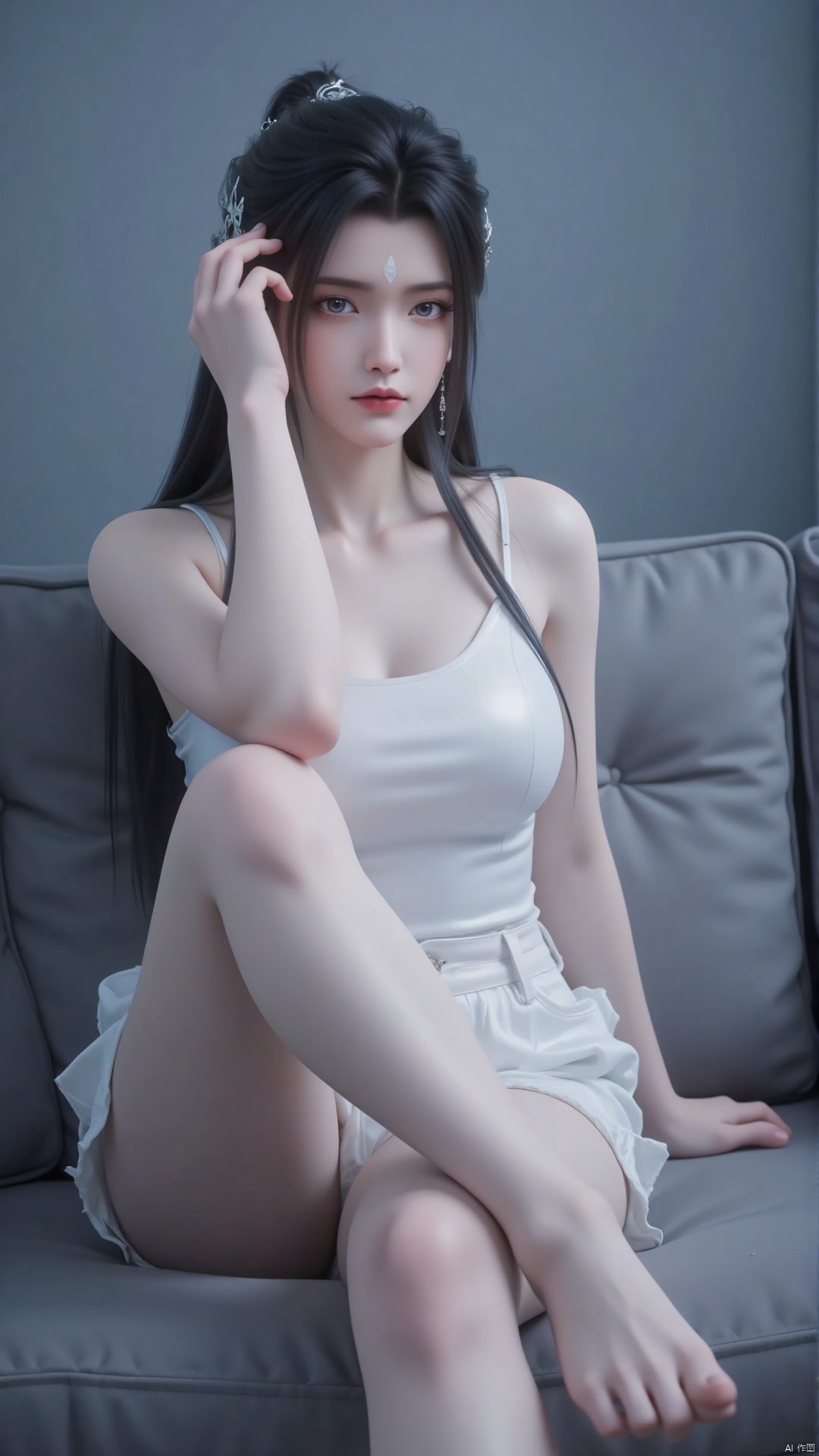 Depth of field, ultra clear, ultra-high resolution, 8k, well structured, masterpiece, surrealism, details, textures, conceptual artwork, atmosphere, clear background, film lighting technology.
She is wearing a white camisole. Sleeveless, off shoulder, black hair, blue eyes, eyelashes. Black hair, looking at the audience, wearing a pair of white casual shorts. Fashion sense. Sitting on the sofa, her left hand touches her head and her right hand rests on her leg. Barefoot, slender legs. Behind her is a gray pillow.
The gray wall behind the sofa. Indoor.
