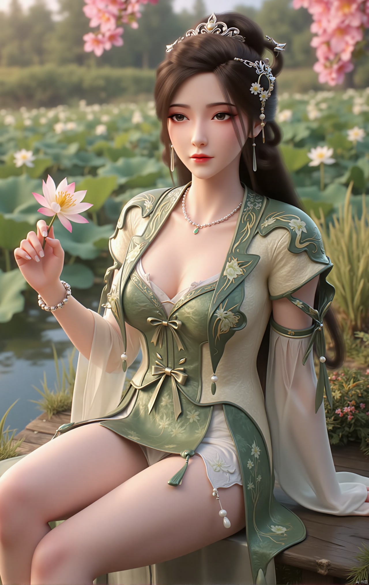  masterpiece,1girl,black hair,(Sitting by the lotus pond in the garden:1.3),(short dress:1.39),black eyes,beautiful face,short sleeves,holding flower,looking at viewer,(huge breasts:2.79),(full breasts:1.99),Xzhaoliner,Xyaoxi,Xsulingyun,XyunluoX,Xhenrendadi,Xlannuo,Xlongnv,Xruoshui,XyunluoH,Xyuzimo