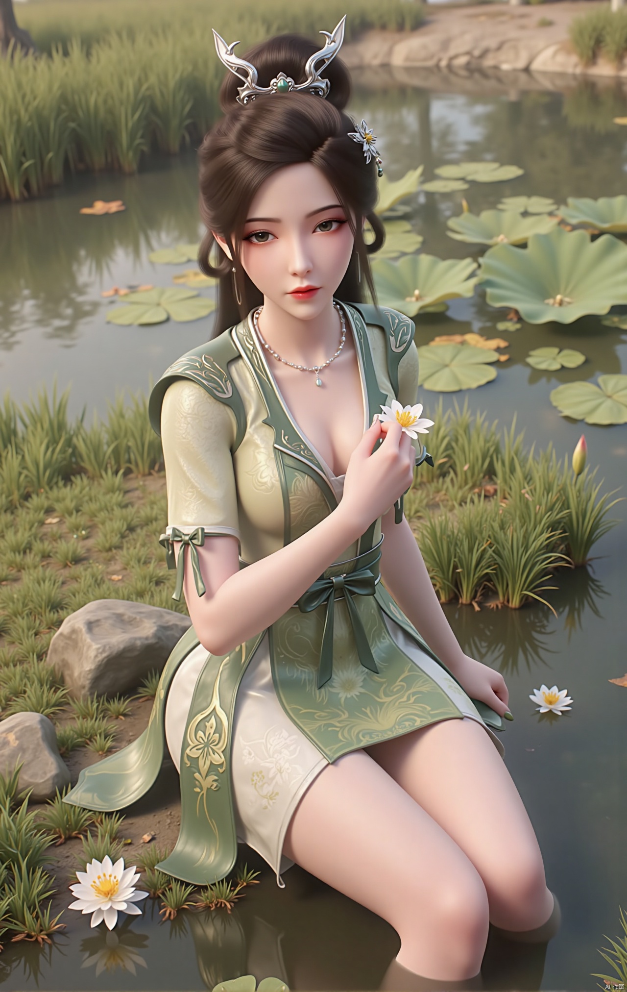  masterpiece,1girl,black hair,(Sitting by the lotus pond in the garden:1.3),(short dress:1.39),black eyes,beautiful face,short sleeves,holding flower,looking at viewer,(huge breasts:2.79),(full breasts:1.99),Xzhaoliner,Xyaoxi,Xsulingyun,XyunluoX,Xhenrendadi,Xlannuo,Xlongnv,Xruoshui,XyunluoH,Xyuzimo