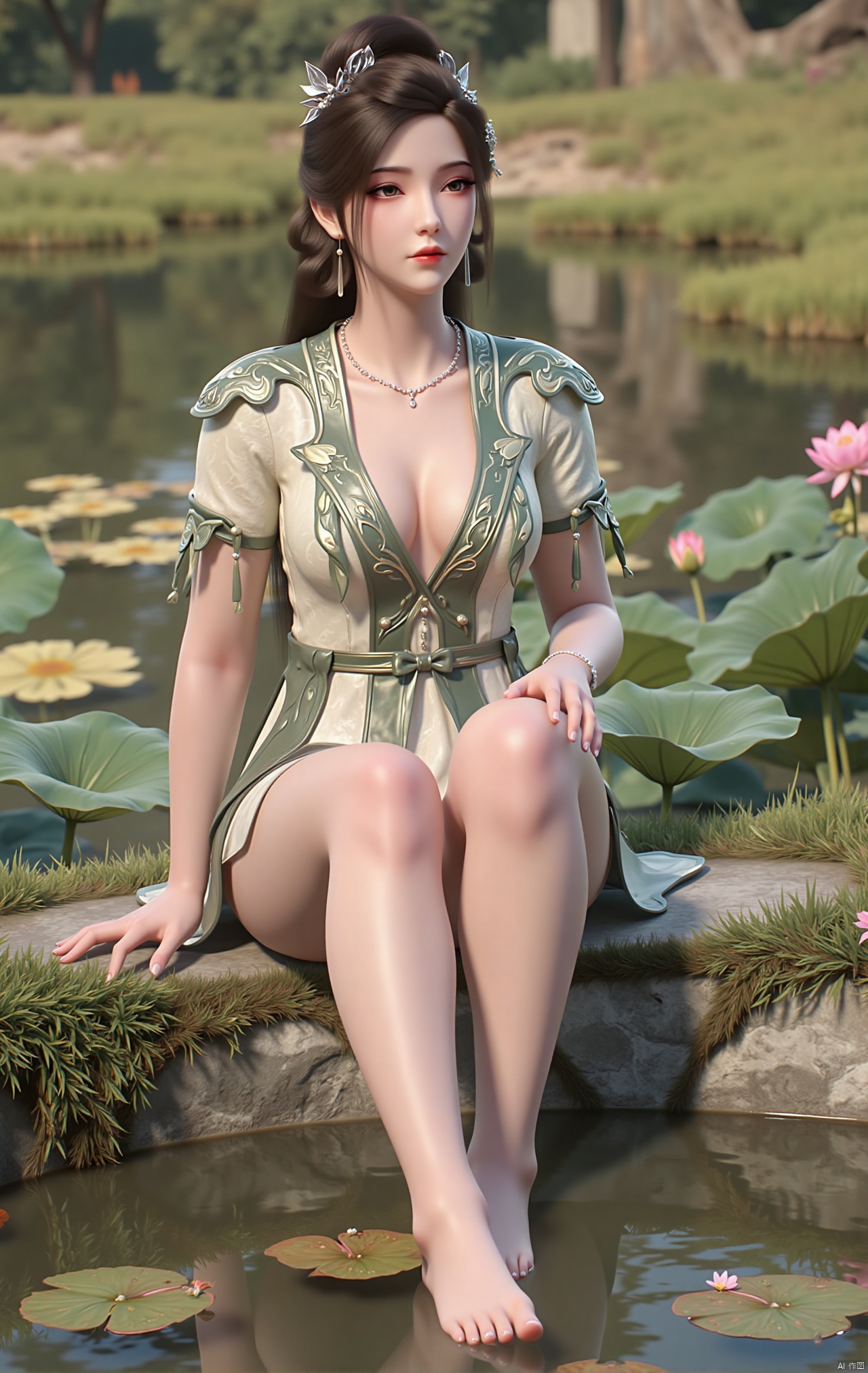  masterpiece,1girl,black hair,(Sitting by the lotus pond in the garden:1.3),(short dress:1.39),black eyes,beautiful face,short sleeves,holding flower,looking at viewer,(huge breasts:2.79),(full breasts:1.99),Xzhaoliner,Xyaoxi,Xsulingyun,XyunluoX,Xhenrendadi,Xlannuo,Xlongnv,Xruoshui,XyunluoH,Xyuzimo