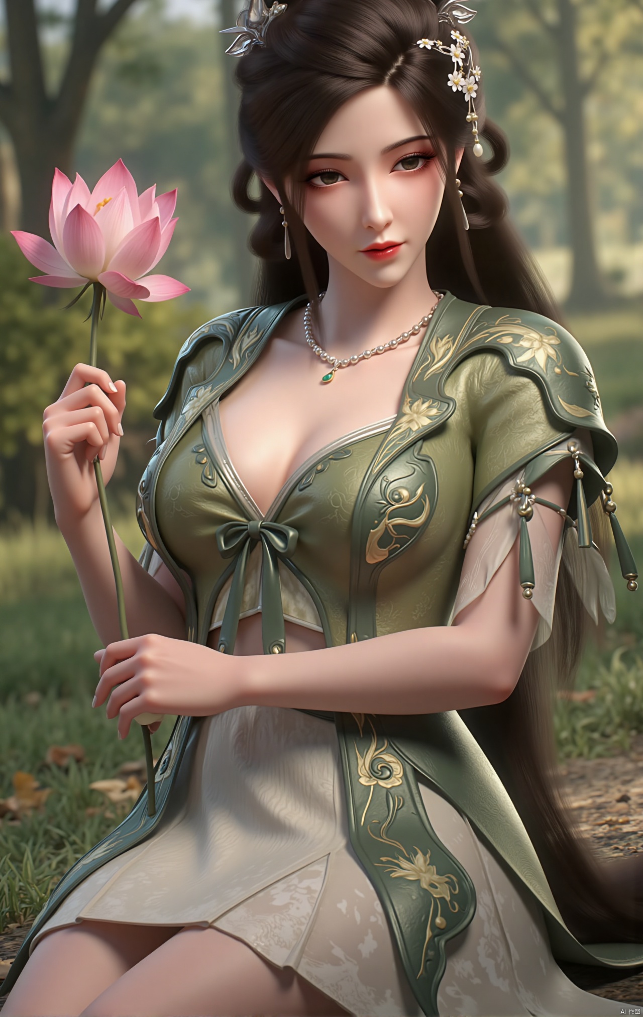  masterpiece,1girl,black hair,(Sitting by the lotus pond in the garden:1.3),(short dress:1.39),black eyes,beautiful face,short sleeves,holding flower,looking at viewer,(huge breasts:2.79),(full breasts:1.99),Xzhaoliner,Xyaoxi,Xsulingyun,XyunluoX,Xhenrendadi,Xlannuo,Xlongnv,Xruoshui,XyunluoH,Xyuzimo