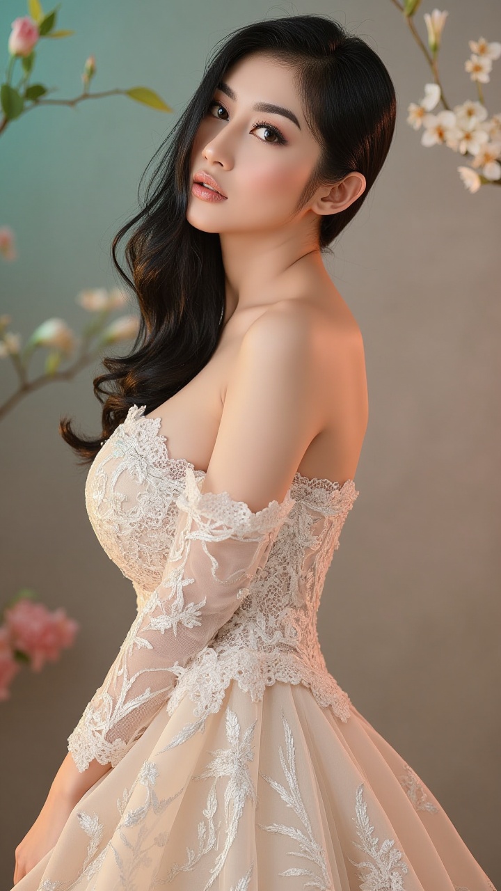 A stunning 8K UHD photograph of a young woman in a breathtaking lace dress,  posed against a subtle gradient background wi...