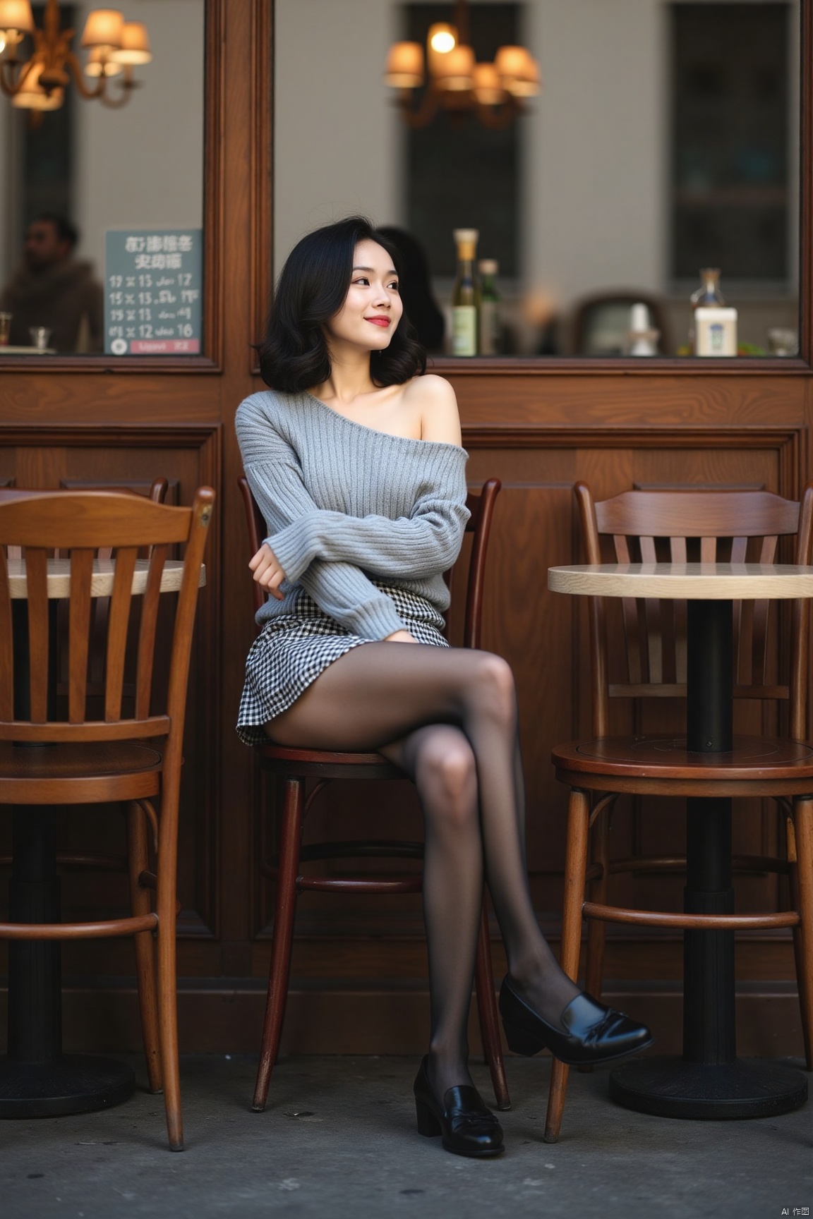 Character: Young beauty, smart short hair,asian,pretty,long legs,sitting,looking away.
Clothing:off-shoulder_sweater,checkered skirt,pantyhose,footwear.
Scene: cafe,building,city.
Atmosphere: Confident and lively, Romantic.
front view,from below,plns,cem