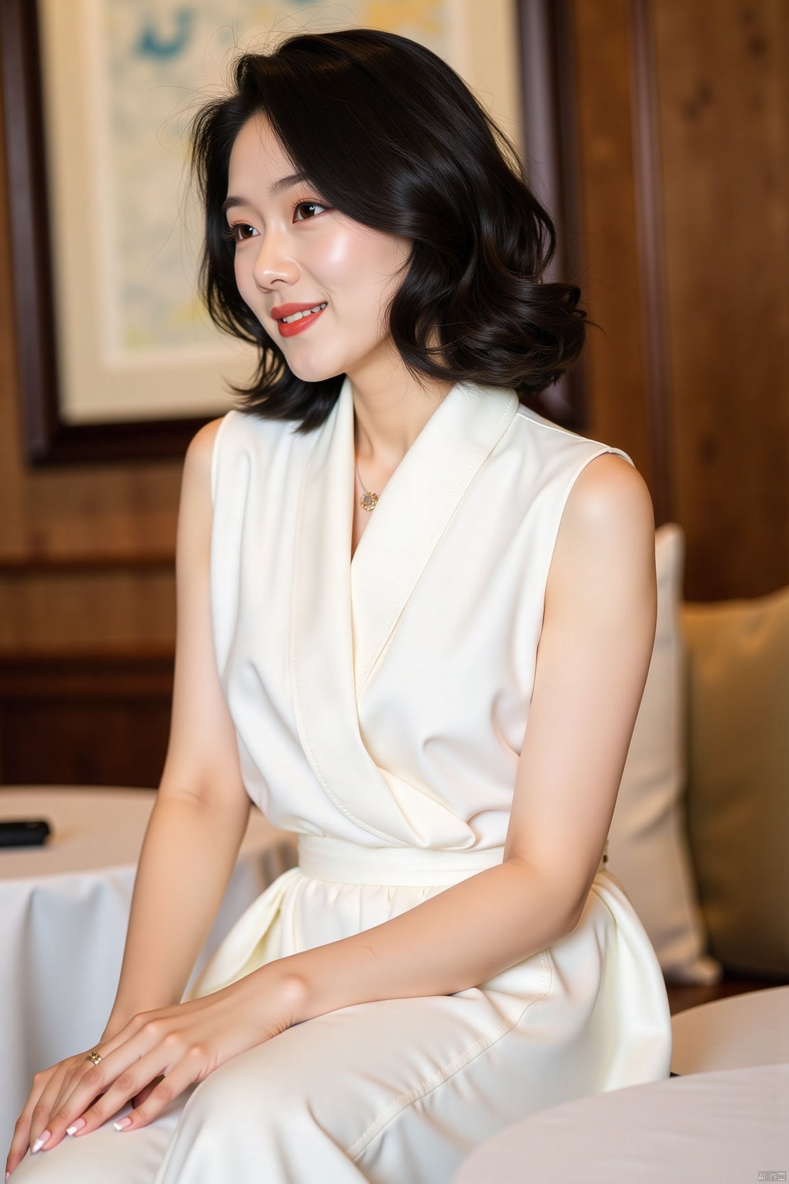 plns,cem,1girl,asian,solo,portrait,charming,pretty,short hair, white dress, sitting, sleeveless dress, collared dress,looking away,masterpiece, realistic,ultra quality,highly detailed,highres,8K,plns,cem