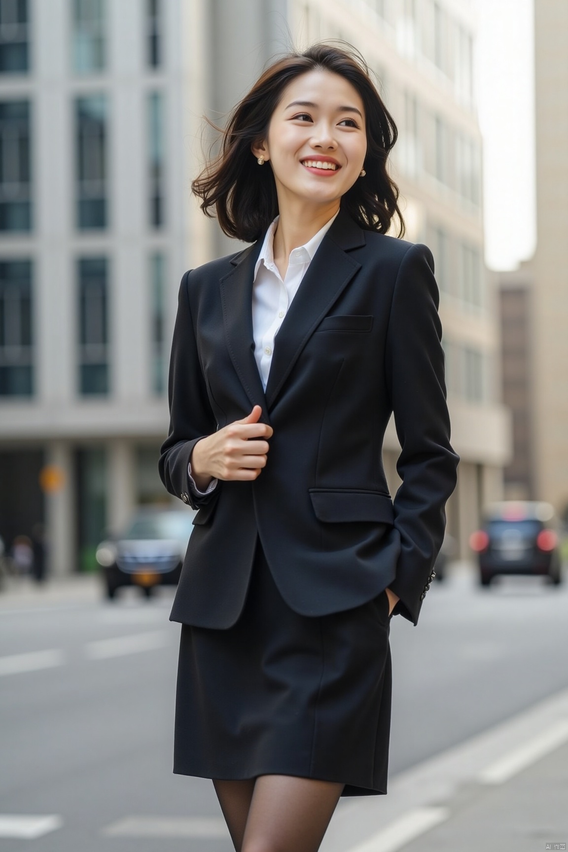Character: Playful beauty, smart short hair,asian,pretty,looking away.
Clothing: Business suit,pantyhose
Scene: street,building,city.
Atmosphere: Confident and lively, sunny and joyful.
plns,cem