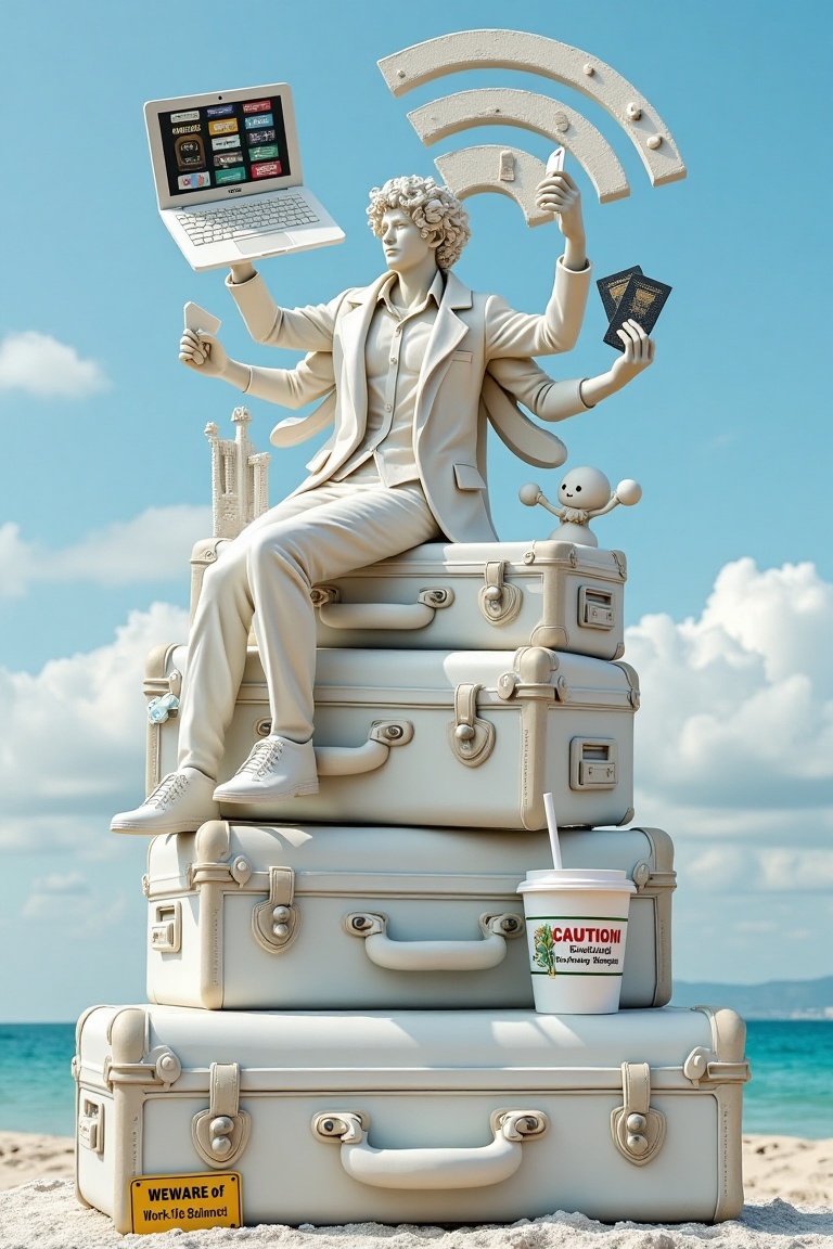 **Title: "The Digital Nomad"** **Concept:** Imagine a large,  whimsical white sculpture depicting a modern digital nomad —...